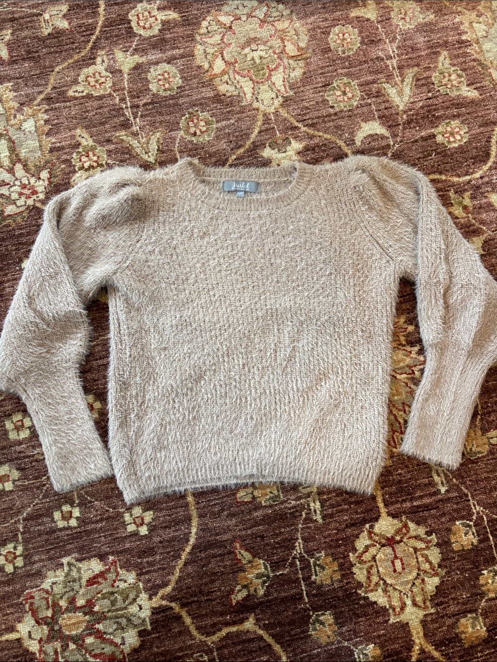 Light Taupe Fuzzy Crewneck Sweater with Puff Shoulders